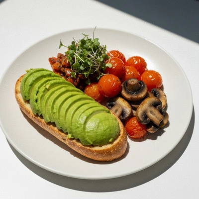 Vibrant vegan breakfast plate with avocado and colorful vegetables
