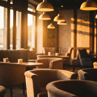 Cozy cafe interior with warm ambient lighting and soft furniture