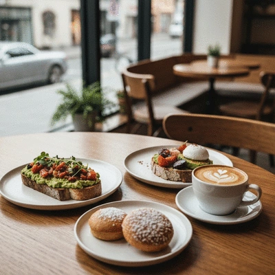 Stylish brunch meal with coffee and pastries on a wooden table in a cafe