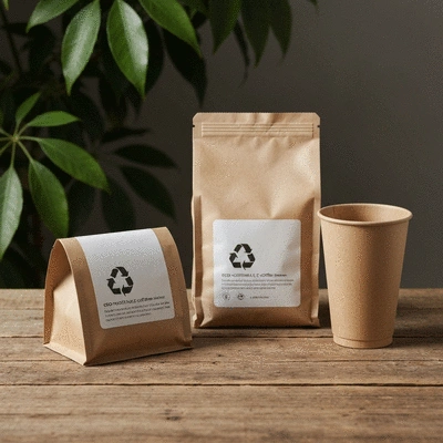 Eco-friendly biodegradable coffee packaging on a wooden surface