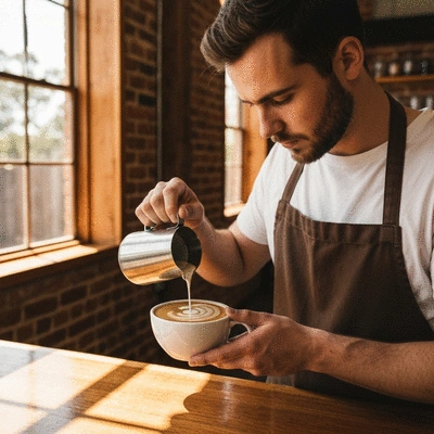 Artisanal coffee being poured into a ceramic cup in a rustic cafe setting