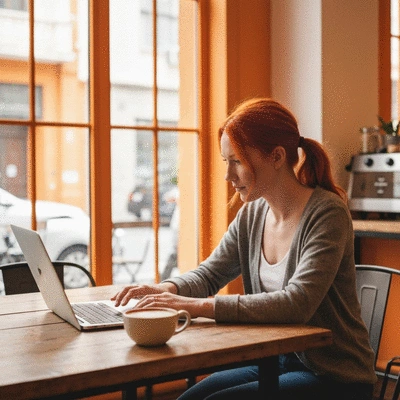 Person using laptop in a cozy independent cafe with artisan coffee