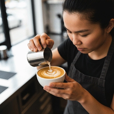 Professional barista pouring latte art into a flat white coffee cup