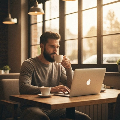 Person using laptop with coffee in a comfortable cafe setting