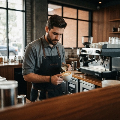 Professional barista pouring latte art in a modern Australian cafe setting
