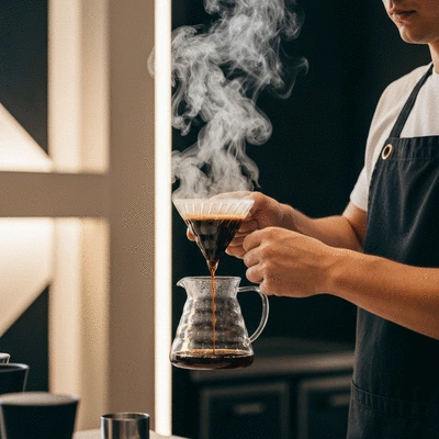 Close up of a barista preparing specialty pour over coffee