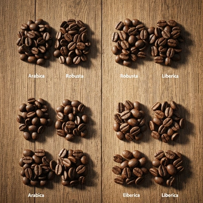 Assortment of coffee beans from different varieties on a rustic wooden surface