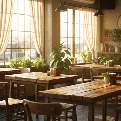 Cozy local cafe interior with warm lighting and wooden furniture