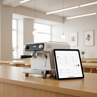 Modern automated coffee machine and tablet used for ordering in a minimalist cafe