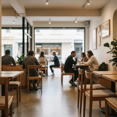 People chatting in a modern minimalist Australian coffee shop with wooden furniture