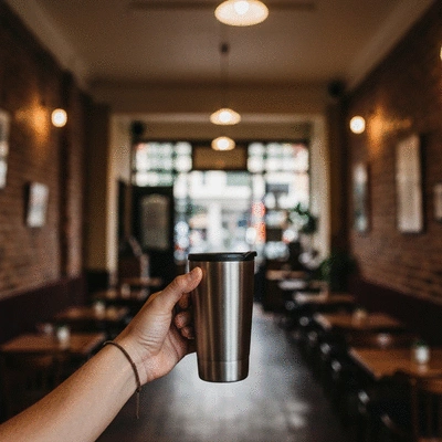 Hand holding a coffee cup in a charming cafe, cozy ambiance