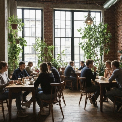 Interior of a modern cozy coffee shop with patrons relaxing