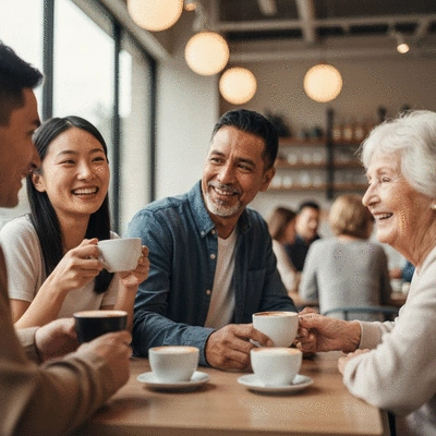 Diverse group of people happily socializing and drinking coffee in a modern, bustling cafe with warm lighting.