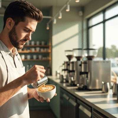 Professional barista pouring latte art in a sunlit specialty coffee shop