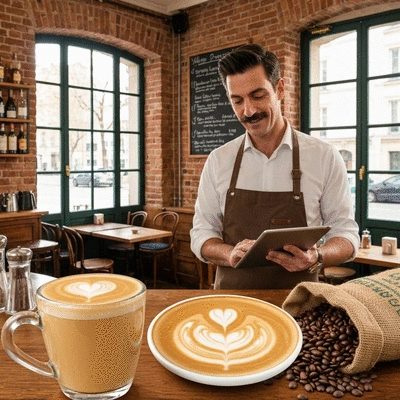 A cafe owner reviewing a checklist on a tablet, focusing on quality, atmosphere, community engagement, and menu adaptation, with coffee beans and latte art in the background.