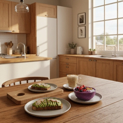 Vibrant vegan breakfast spread with avocado toast and smoothie bowls