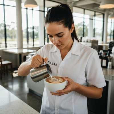 Close up of a barista pouring latte art in a sunlit Australian cafe