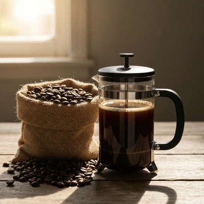 Classic glass French press with dark rich coffee on a rustic wooden table