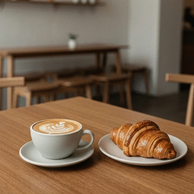 Relaxed cafe atmosphere with oat milk latte and vegan pastry