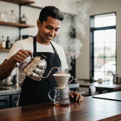 Professional barista pouring hot water into a ceramic pour-over coffee dripper