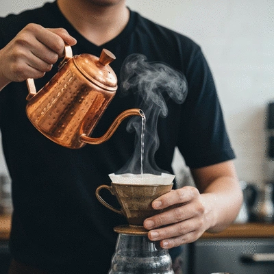 Professional barista performing a pour-over coffee brew with a gooseneck kettle