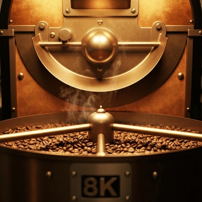 Artisanal coffee beans being roasted in a professional drum roaster