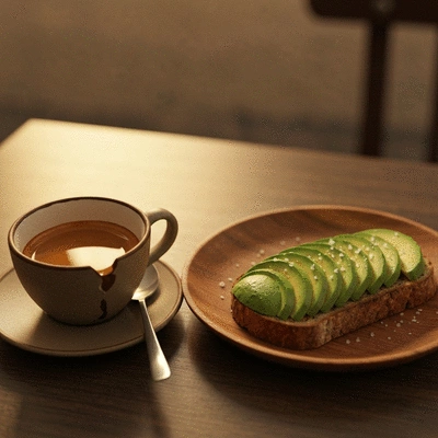 Artisan specialty coffee and a healthy snack on a wooden table in a quiet workspace