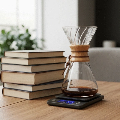 High quality coffee brewing equipment and books on a wooden table