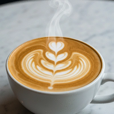 Professional latte art in a ceramic cup on a marble table