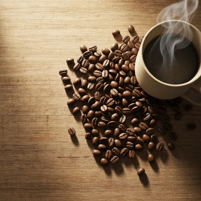 A flat lay of specialty coffee beans and a ceramic mug on a rustic wooden table