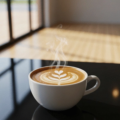 Close-up of professional latte art in a ceramic cup on a wooden table with a blurred cafe background