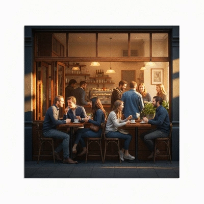 Melbourne street cafe with people enjoying coffee, vibrant and cozy atmosphere