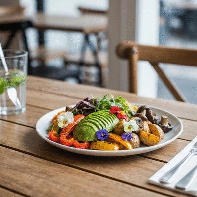 Vibrant vegan brunch platter with avocado and fresh vegetables on a wooden table