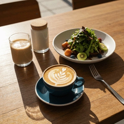 Artisan coffee and healthy brunch dish on a rustic wooden table